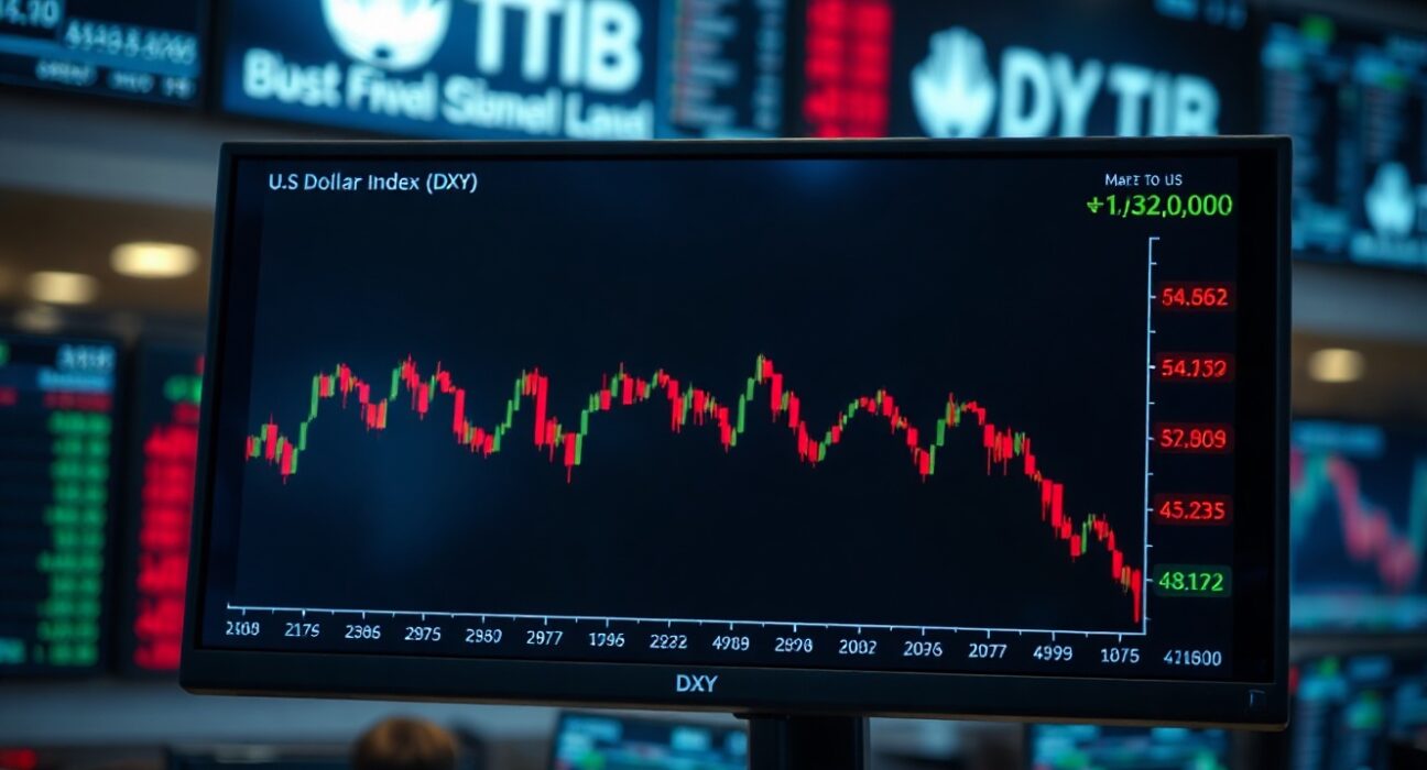 Financial market monitor showing declining US Dollar Index chart