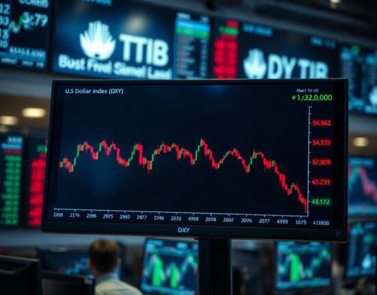Financial market monitor showing declining US Dollar Index chart