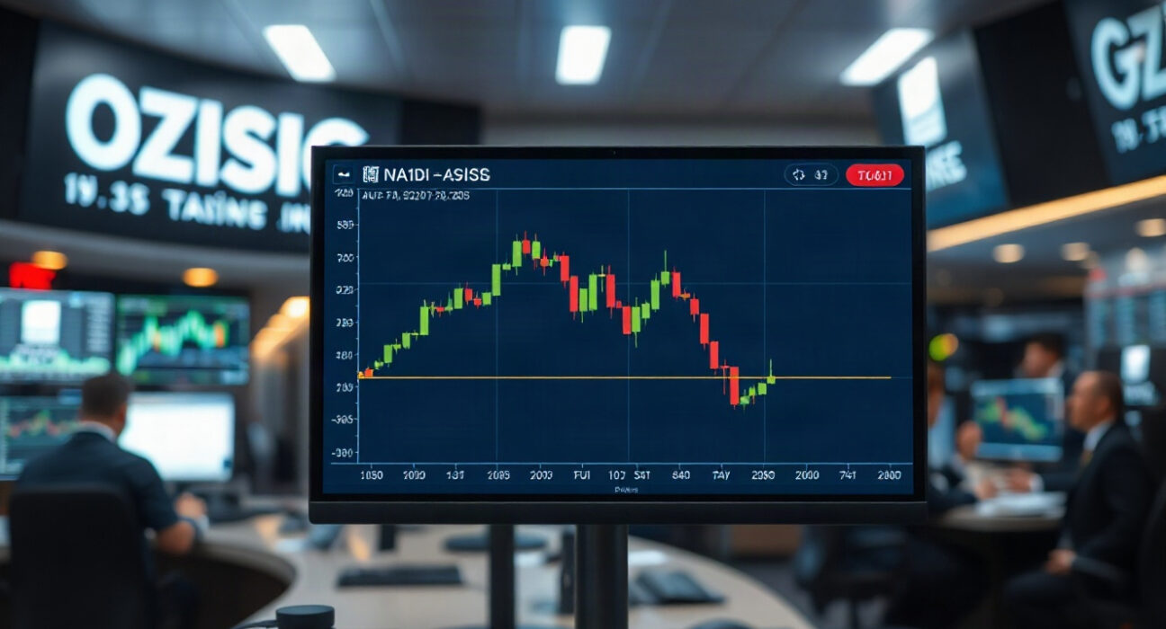 Trading screen showing a declining chart, representing the US Dollar Index slide before FOMC minutes release.