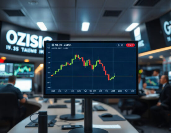 Trading screen showing a declining chart, representing the US Dollar Index slide before FOMC minutes release.