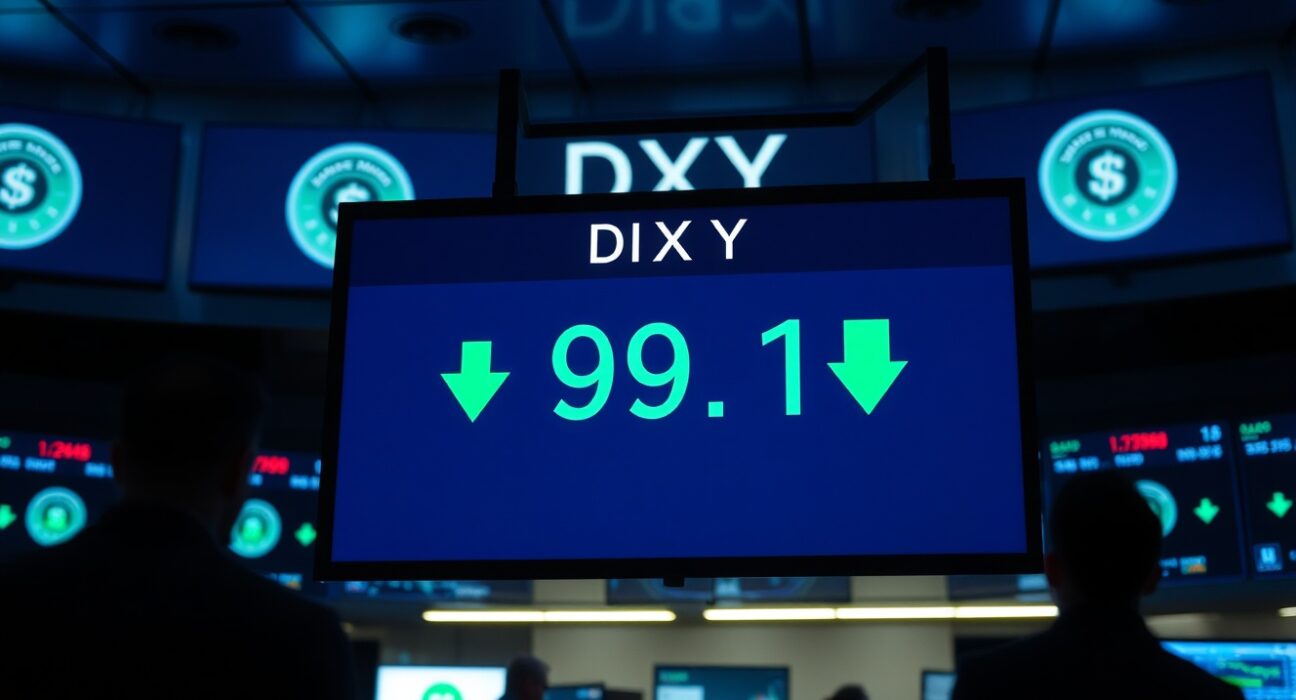 Digital display showing DXY at 99.10 with downward trend on a trading floor