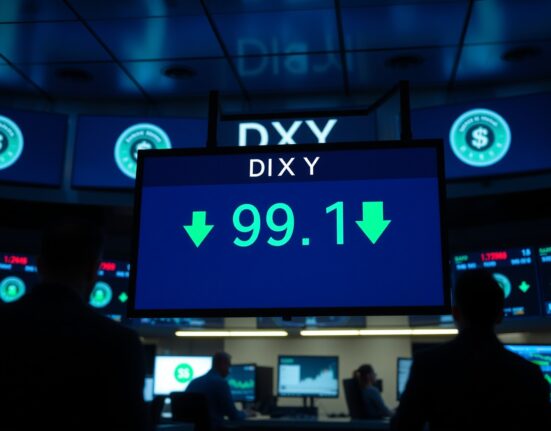 Digital display showing DXY at 99.10 with downward trend on a trading floor