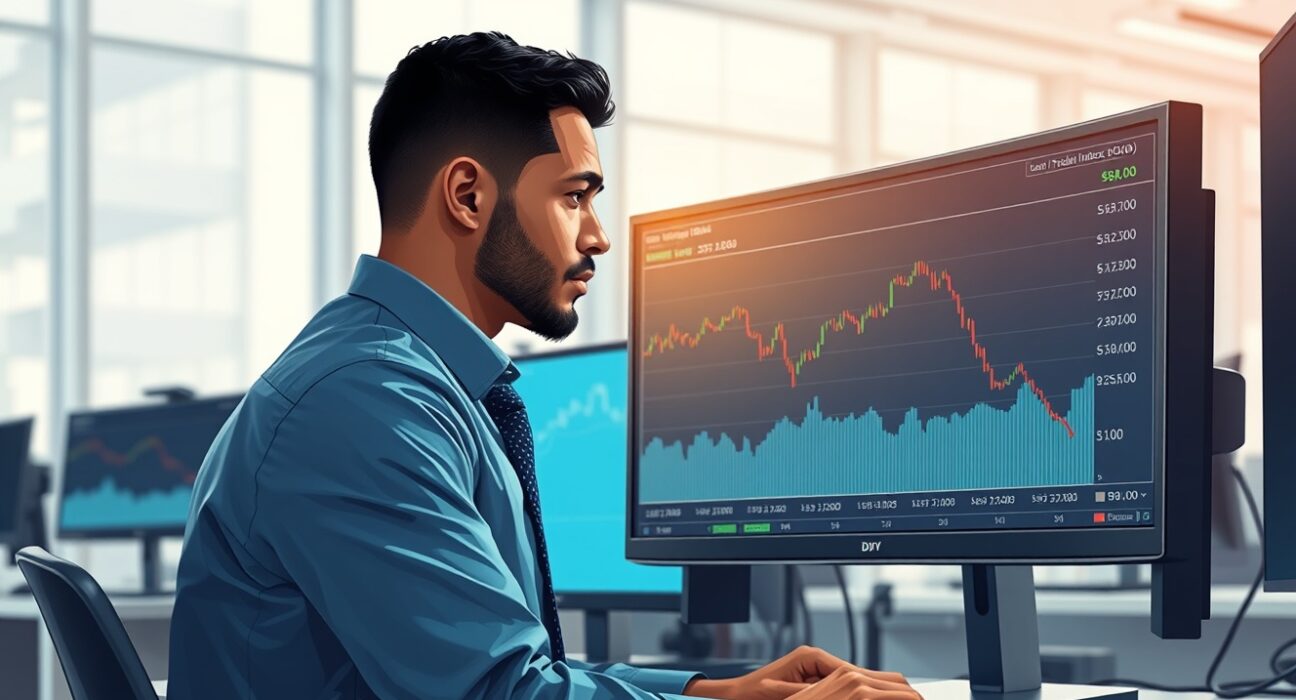Trader analyzing the US Dollar Index (DXY) chart showing a decline near 98.00 on a trading desk monitor.