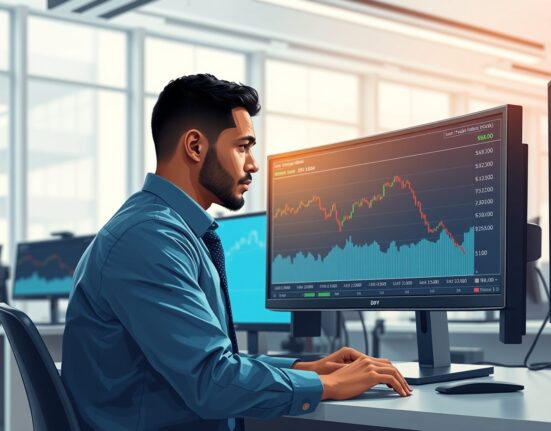 Trader analyzing the US Dollar Index (DXY) chart showing a decline near 98.00 on a trading desk monitor.
