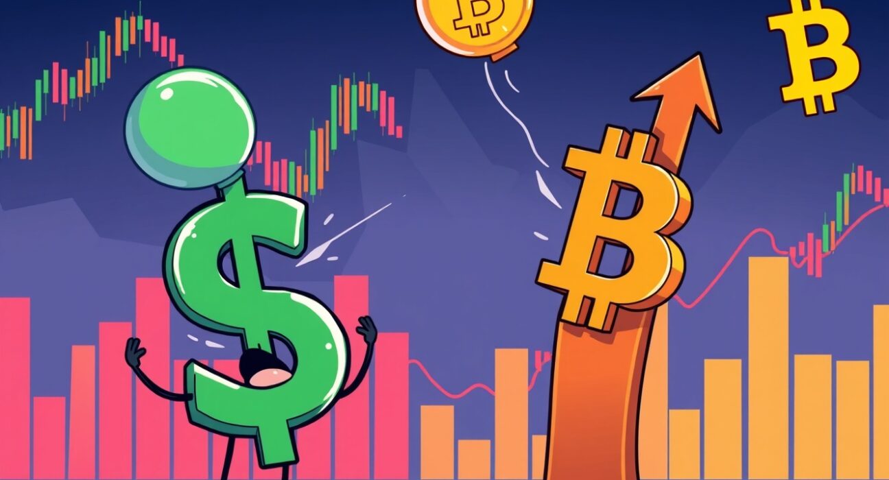 Dollar Index falling while Bitcoin rises in vibrant cartoon financial market illustration