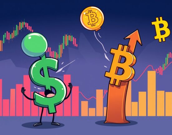 Dollar Index falling while Bitcoin rises in vibrant cartoon financial market illustration
