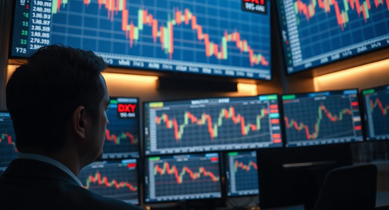 Trader monitoring US Dollar Index chart on multiple screens after ceasefire news