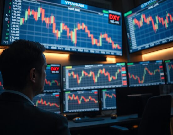 Trader monitoring US Dollar Index chart on multiple screens after ceasefire news