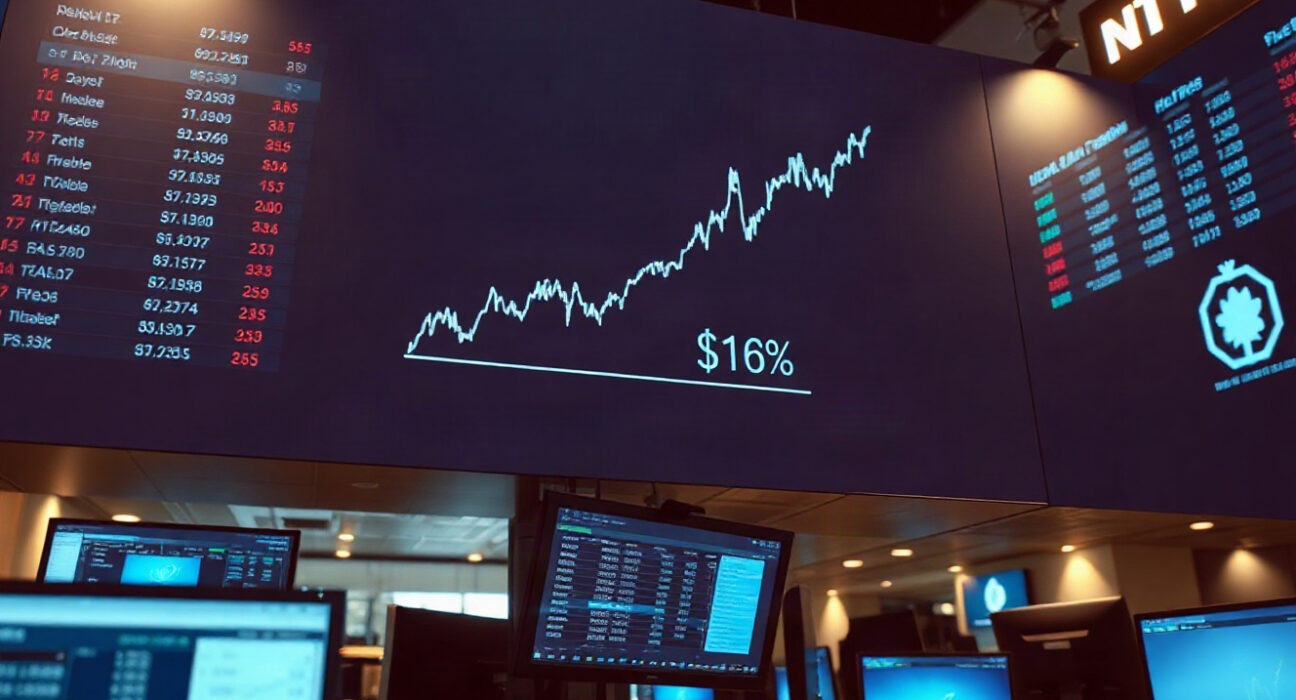 Dollar index chart on trading floor screen showing upward trend