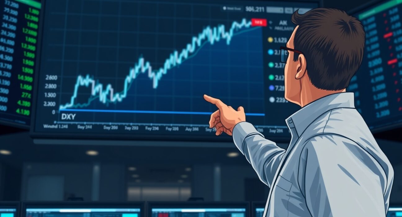 US Dollar Index price forecast chart showing a three-day rally aiming to stabilize above the 20-day EMA on a trading floor monitor.