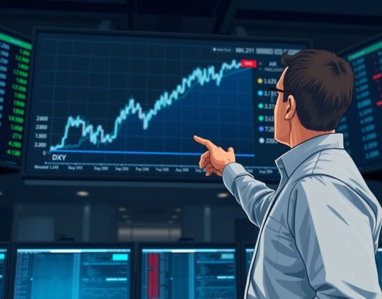 US Dollar Index price forecast chart showing a three-day rally aiming to stabilize above the 20-day EMA on a trading floor monitor.