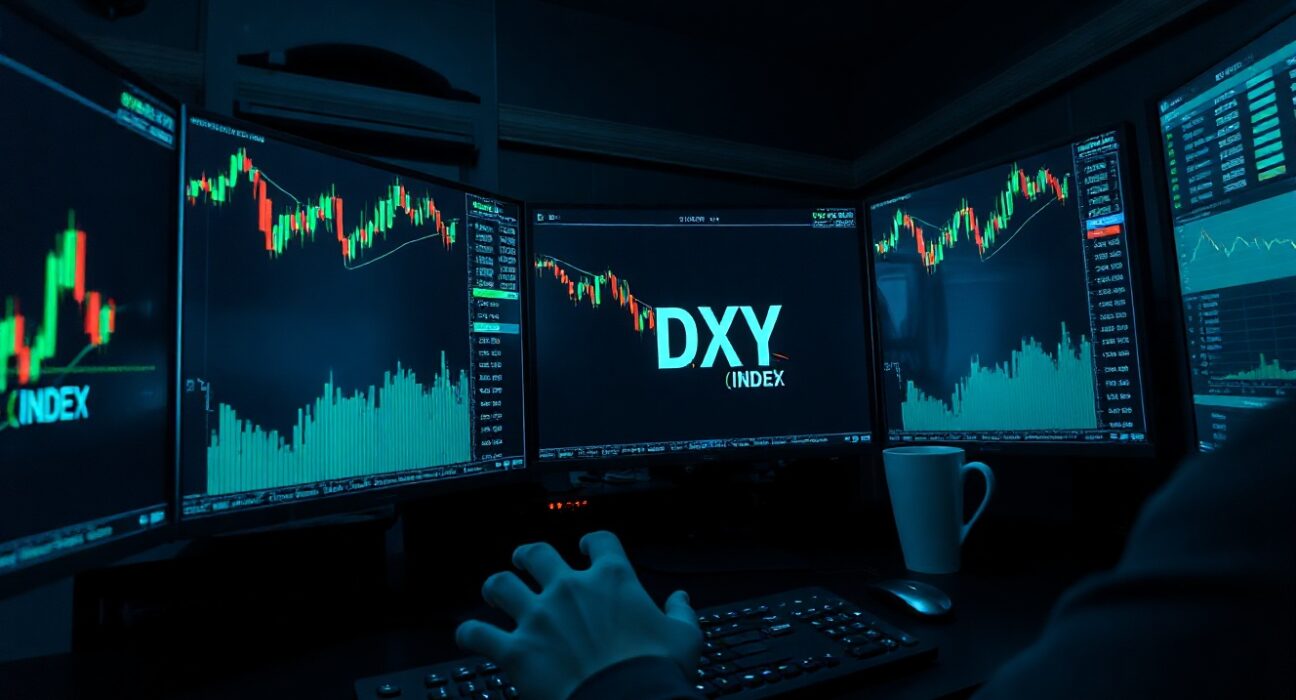 Financial trading desk with monitors showing USD Index chart after US strikes on Iran