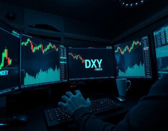Financial trading desk with monitors showing USD Index chart after US strikes on Iran