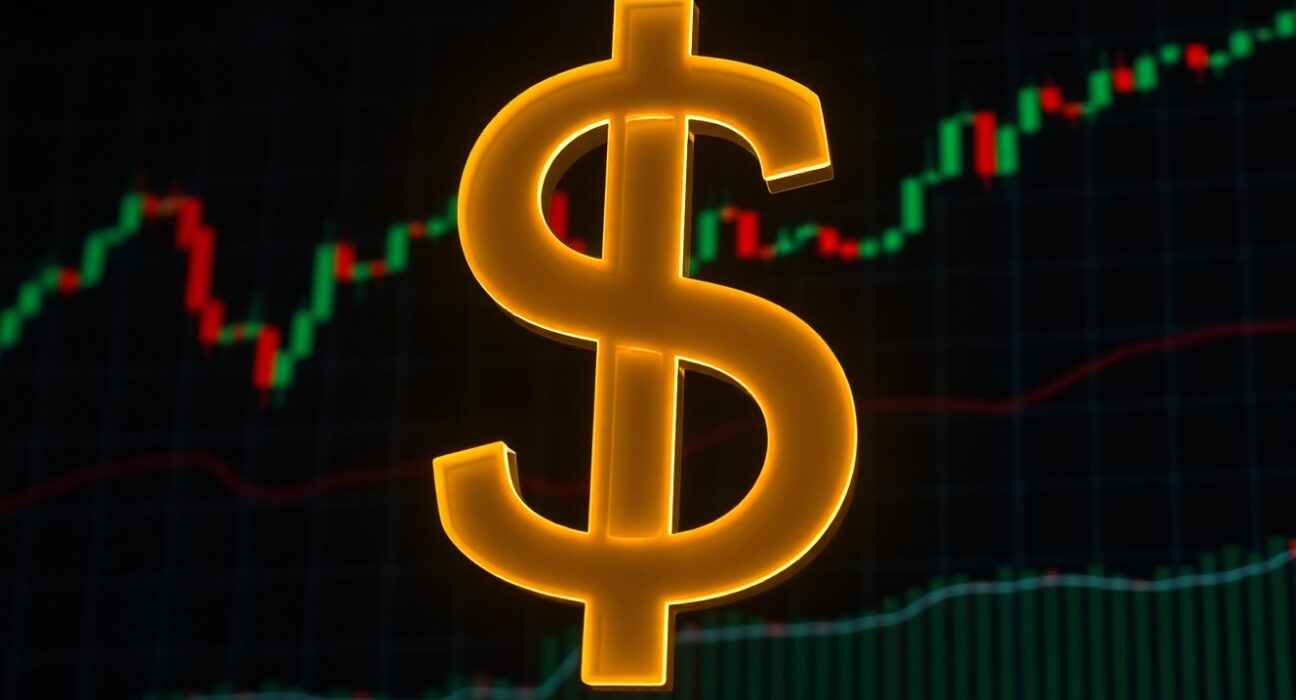 US dollar symbol glowing against dark financial market background with charts
