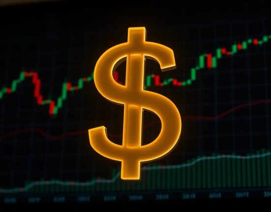 US dollar symbol glowing against dark financial market background with charts