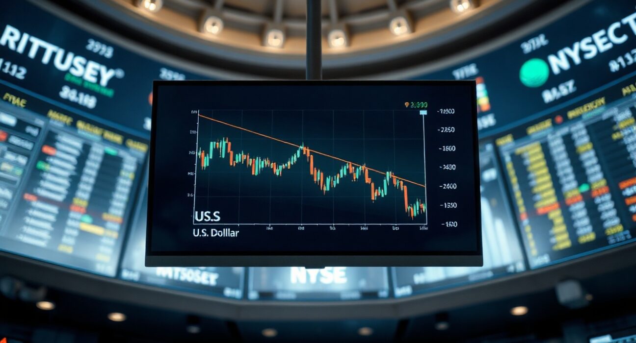U.S. Dollar Index chart on a trading screen with a downward trend near the 100 level.