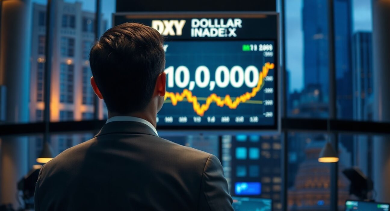 Trader observing US Dollar Index chart approaching 100.00 on a digital display in a modern financial office.