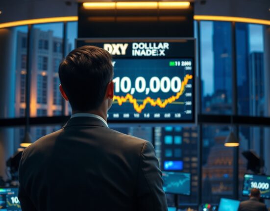 Trader observing US Dollar Index chart approaching 100.00 on a digital display in a modern financial office.