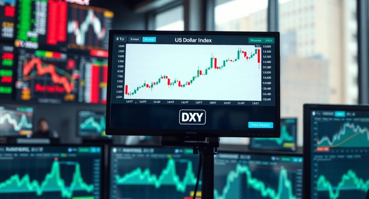 US Dollar Index chart on a trading screen, showing range-bound movement as Fed rate cut odds ease