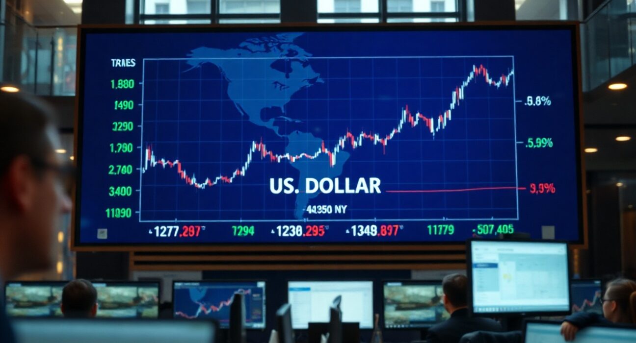 US Dollar Index chart showing rebound on a trading screen in a financial office