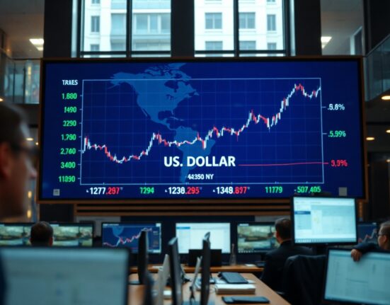 US Dollar Index chart showing rebound on a trading screen in a financial office