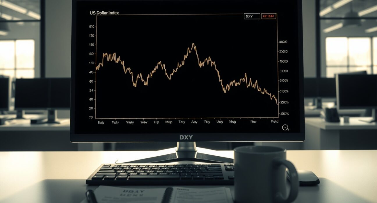 A trading desk monitor shows the US Dollar Index chart declining from recent geopolitical highs.