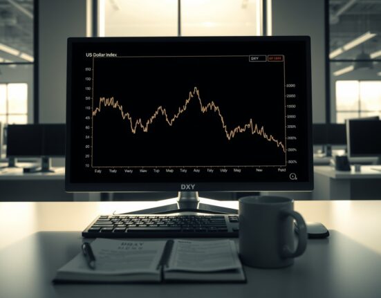 A trading desk monitor shows the US Dollar Index chart declining from recent geopolitical highs.