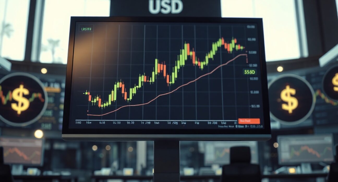 US Dollar Index chart on a trading monitor with an upward trend, ahead of inflation data release.