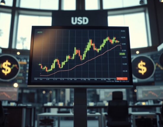 US Dollar Index chart on a trading monitor with an upward trend, ahead of inflation data release.