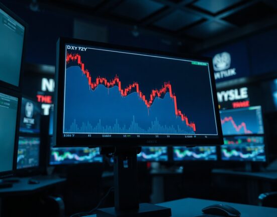 US Dollar Index chart showing decline on a trading screen