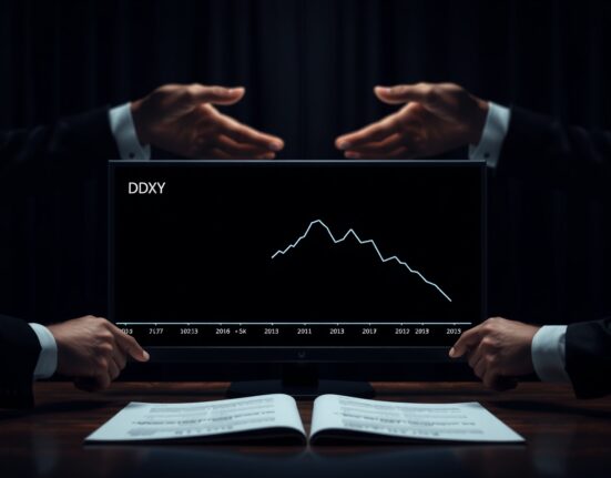 US Dollar Index chart declining amid easing Iran geopolitical tensions.