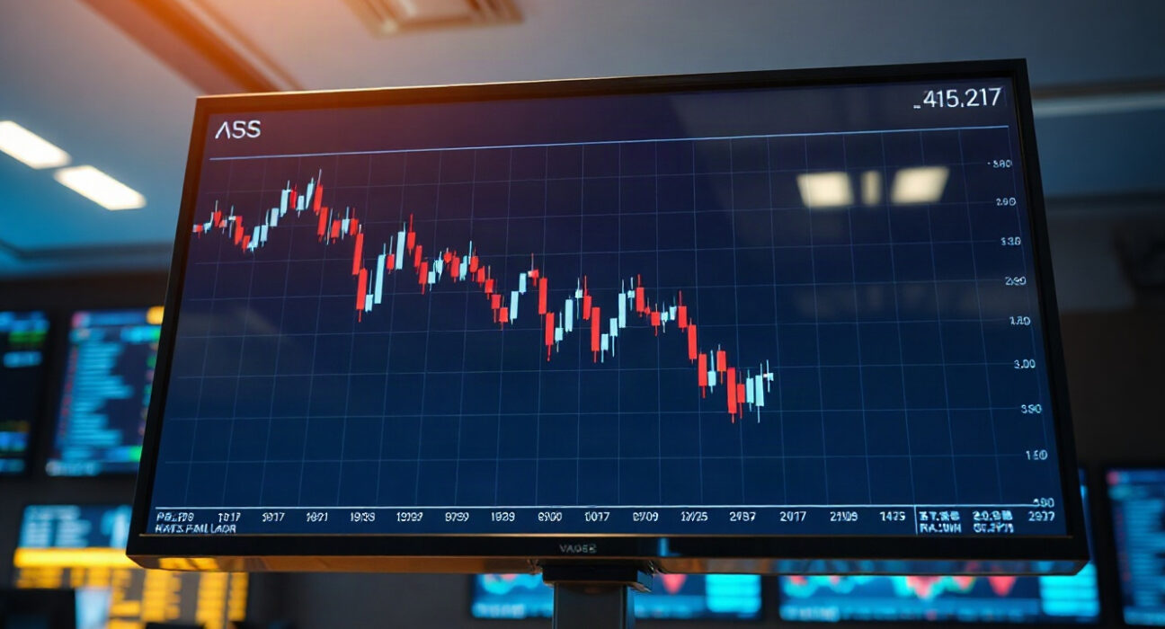 Trading monitor showing a declining U.S. Dollar Index chart on a financial floor.