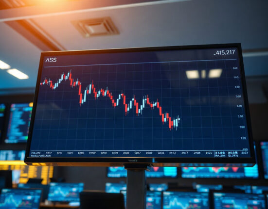 Trading monitor showing a declining U.S. Dollar Index chart on a financial floor.