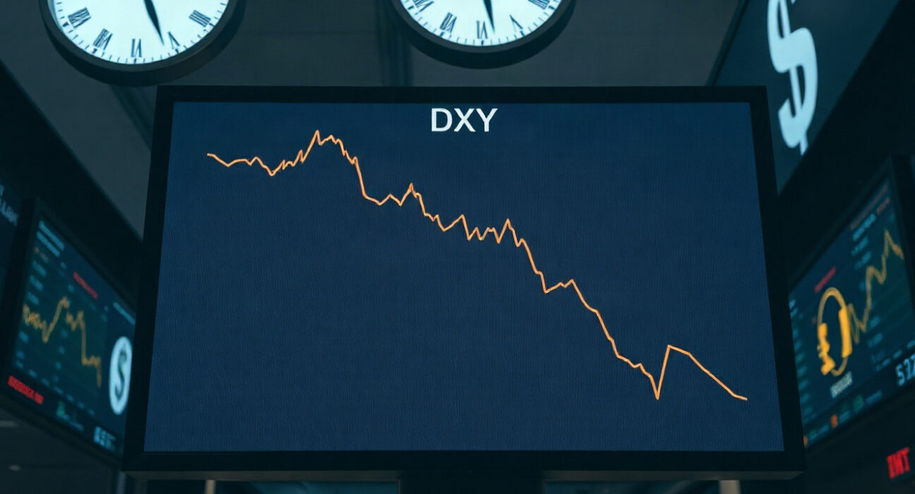 Digital trading board showing declining dollar index chart in financial district