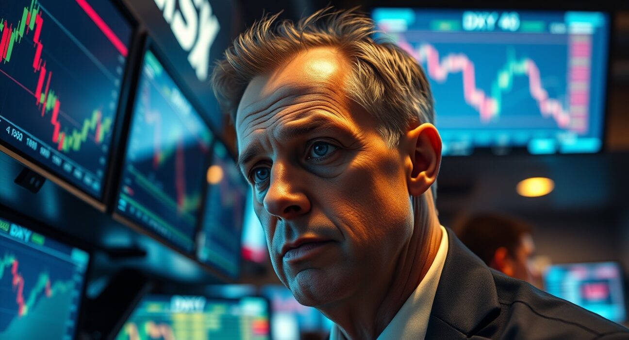 Trader analyzing declining DXY chart on multiple monitors in a dimly lit trading floor.