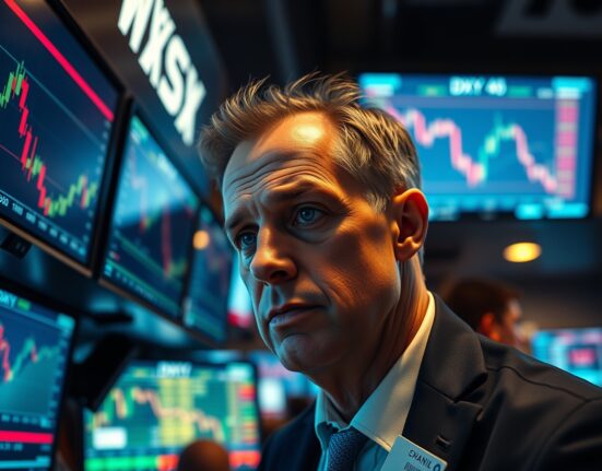 Trader analyzing declining DXY chart on multiple monitors in a dimly lit trading floor.