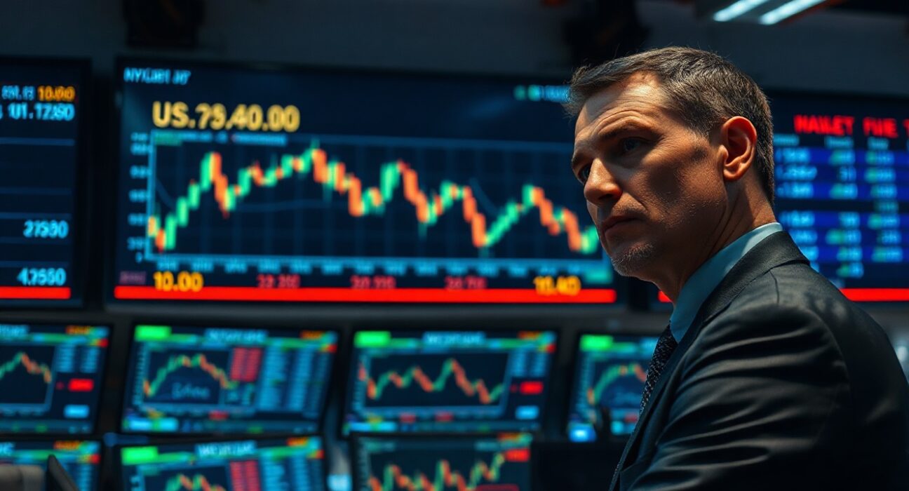U.S. Dollar Index chart near 100.00 on trading floor screen, with trader analyzing data
