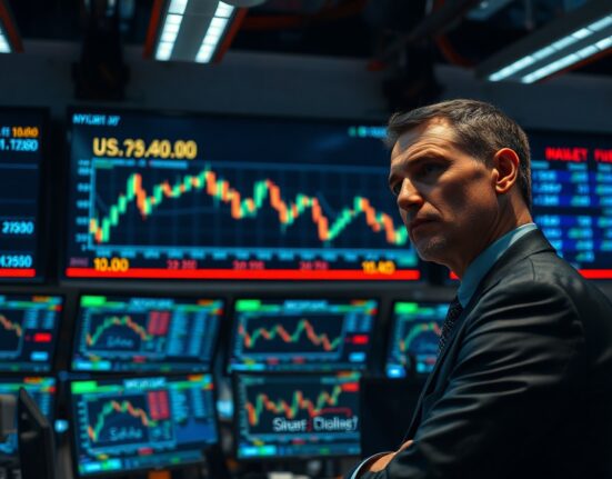 U.S. Dollar Index chart near 100.00 on trading floor screen, with trader analyzing data