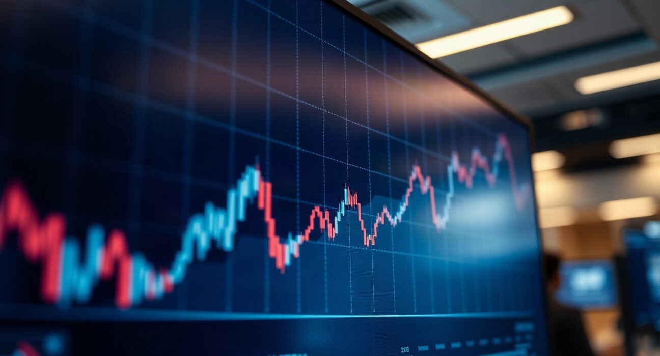 Financial market screen showing a candlestick chart with an upward trend, representing the US Dollar Index.