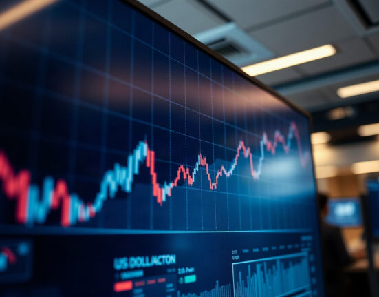 Financial market screen showing a candlestick chart with an upward trend, representing the US Dollar Index.