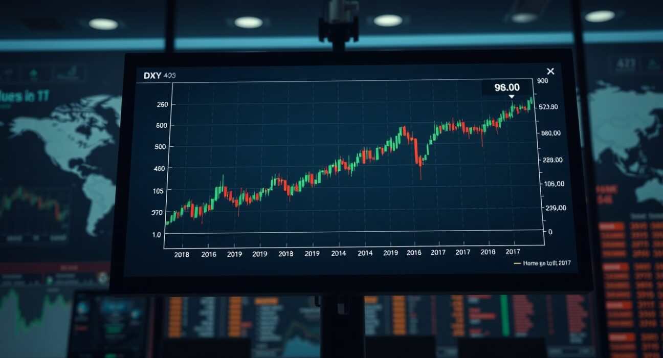 DXY chart on trading monitor showing dollar index steady above 98.00 amid Iran ceasefire news