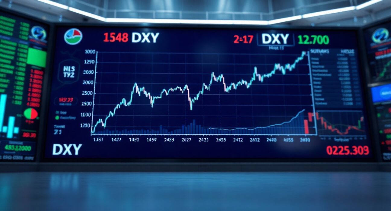 US Dollar Index chart displayed on a trading screen in a financial news studio.
