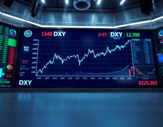 US Dollar Index chart displayed on a trading screen in a financial news studio.