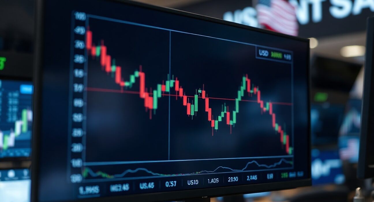 Dollar index chart on a trading screen with U.S. dollar symbols, reflecting market uncertainty ahead of NFP data