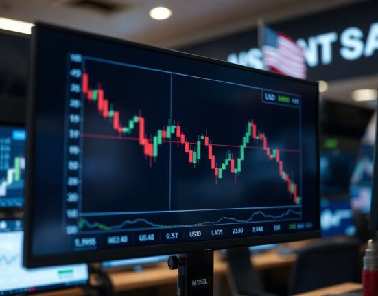 Dollar index chart on a trading screen with U.S. dollar symbols, reflecting market uncertainty ahead of NFP data
