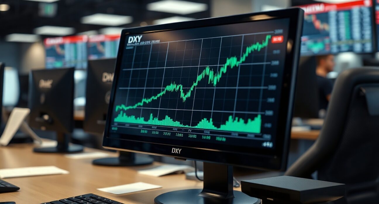 US Dollar Index chart on a trading screen showing steady movement near 100.00