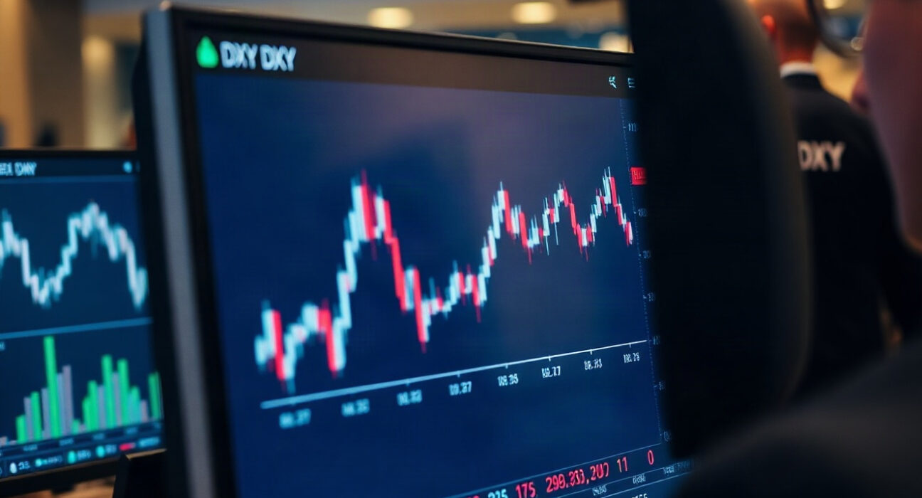 Analyst monitors showing dollar index and Treasury yield charts