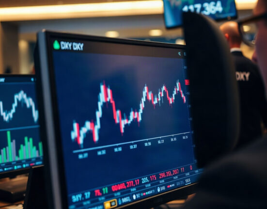 Analyst monitors showing dollar index and Treasury yield charts