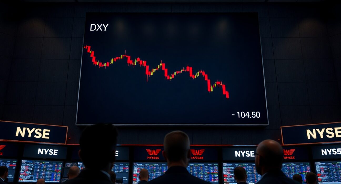 Traders watch as the US Dollar Index declines on a screen after a weak NFP report