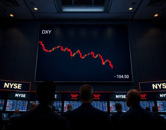 Traders watch as the US Dollar Index declines on a screen after a weak NFP report